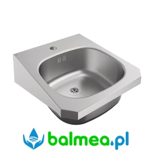 Ścienna umywalka pojedyncza wykonana ze stali szlachetnej o wymiarach 340 × 300 × 140 mm