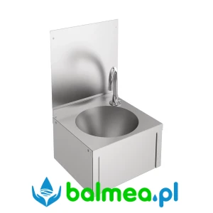 Stalowa umywalka pojedyncza z baterią obsługiwaną kolanem o wymiarach 305 × 501 × 268 mm