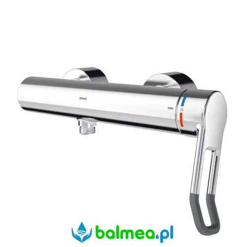 Jednouchwytowa termostatyczna bateria ścienna ze złączką do słuchawki natryskowej.webp