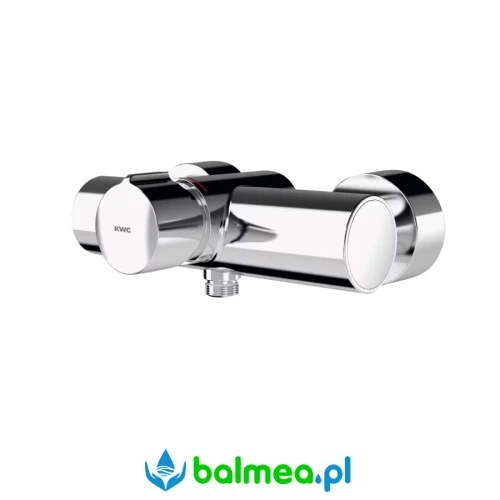 Samozamykająca bateria ścienna z mieszaczem i możliwością montażu słuchawki natryskowej.webp