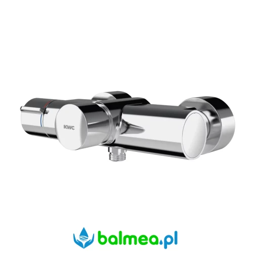 Samozamykająca termostatyczna bateria ścienna z przyłączem słuchawki natryskowej.webp