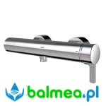 Metalowa jednouchwytowa termostatyczna bateria ścienna z przyłączem słuchawki natryskowej i podzespołem higienicznym o wymiarach 120 x 70 x 390 mm