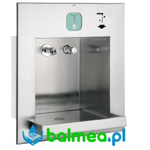 Stalowy moduł umywalkowy do zabudowy w ścianie, przystosowany do dozowania wody i mydła o wymiarach 475 x 530 x 390 mm